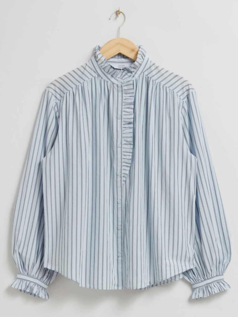 & Other Stories Light Blue Stripe Ruffle Button-Up Top